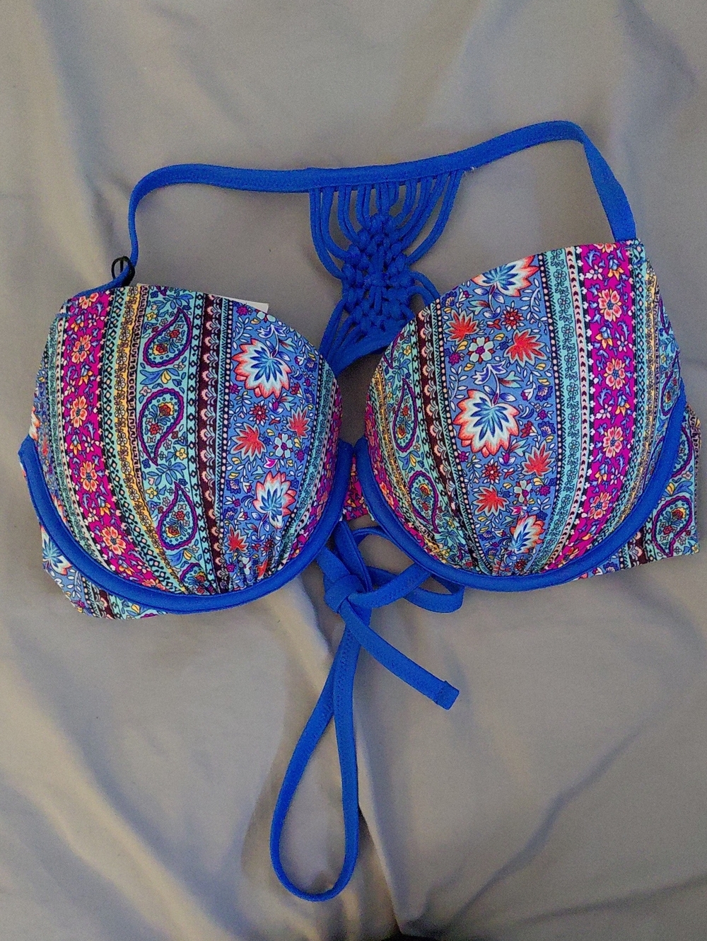Shade & Shore Blue Multi-Print Women's Push-Up Swim Top With Razor Back Design.